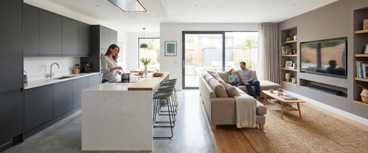 Ruang Keluarga Open Plan: Menggabungkan Dapur & Ruang TV Ruang Keluarga Open Plan: Menggabungkan Dapur & Ruang TV